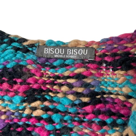 90s Vintage Rainbow Cardigan Chunky Tie Michele Bohbot Bisou Wool Blend Pompom. - Picture 5 of 6